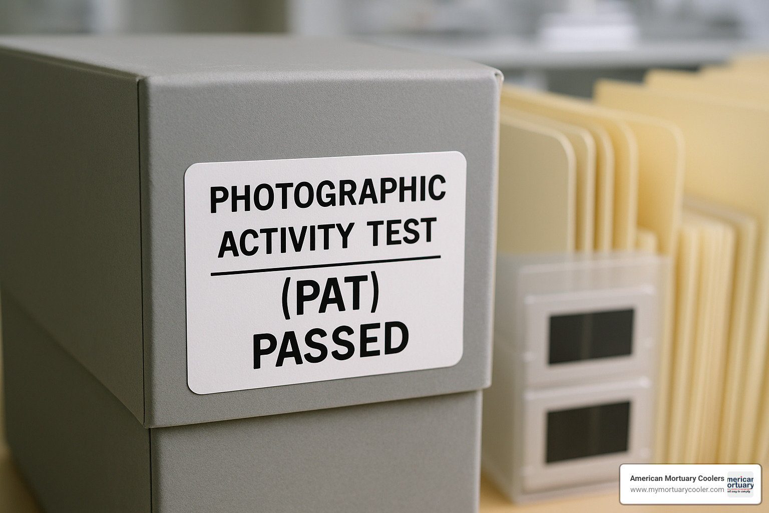 PAT certification label on archival storage materials - slide storage