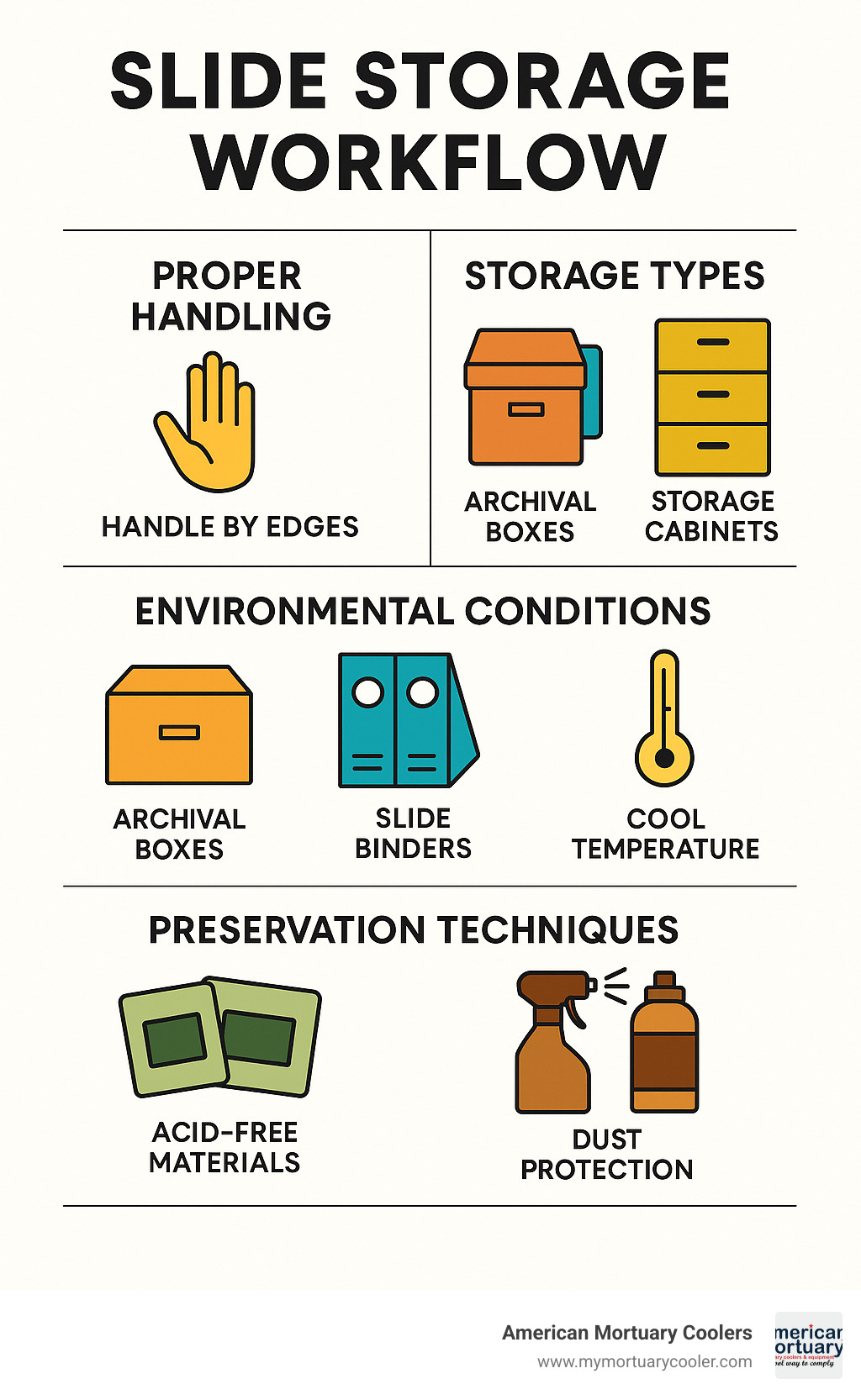 Comprehensive slide storage workflow showing proper handling, storage types, environmental conditions, and preservation techniques - slide storage infographic 