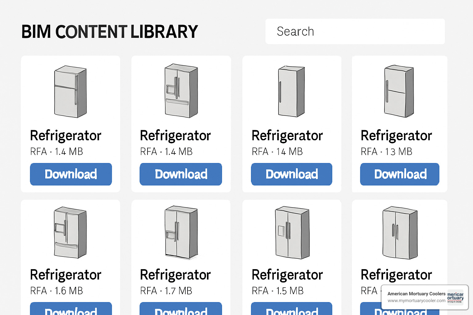 Screenshot of a BIM library website showing various refrigerator Revit family downloads available - revit file refrigerator
