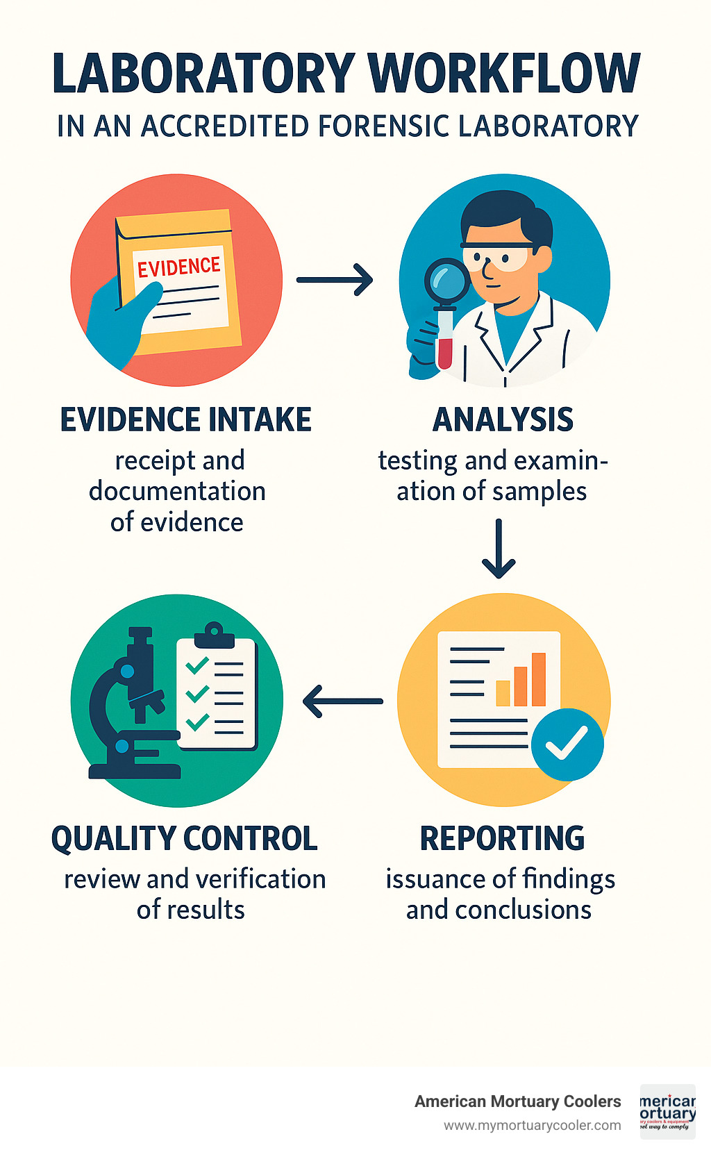 Laboratory workflow showing evidence intake, analysis, quality control, and reporting processes in an accredited forensic laboratory - forensic science jobs infographic 