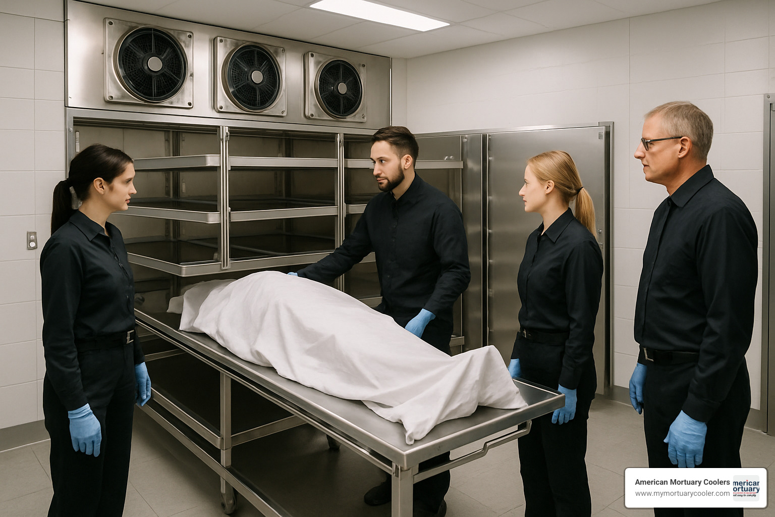 Professional mortuary staff working with a multi-tier ref rack system in a modern facility - ref rack