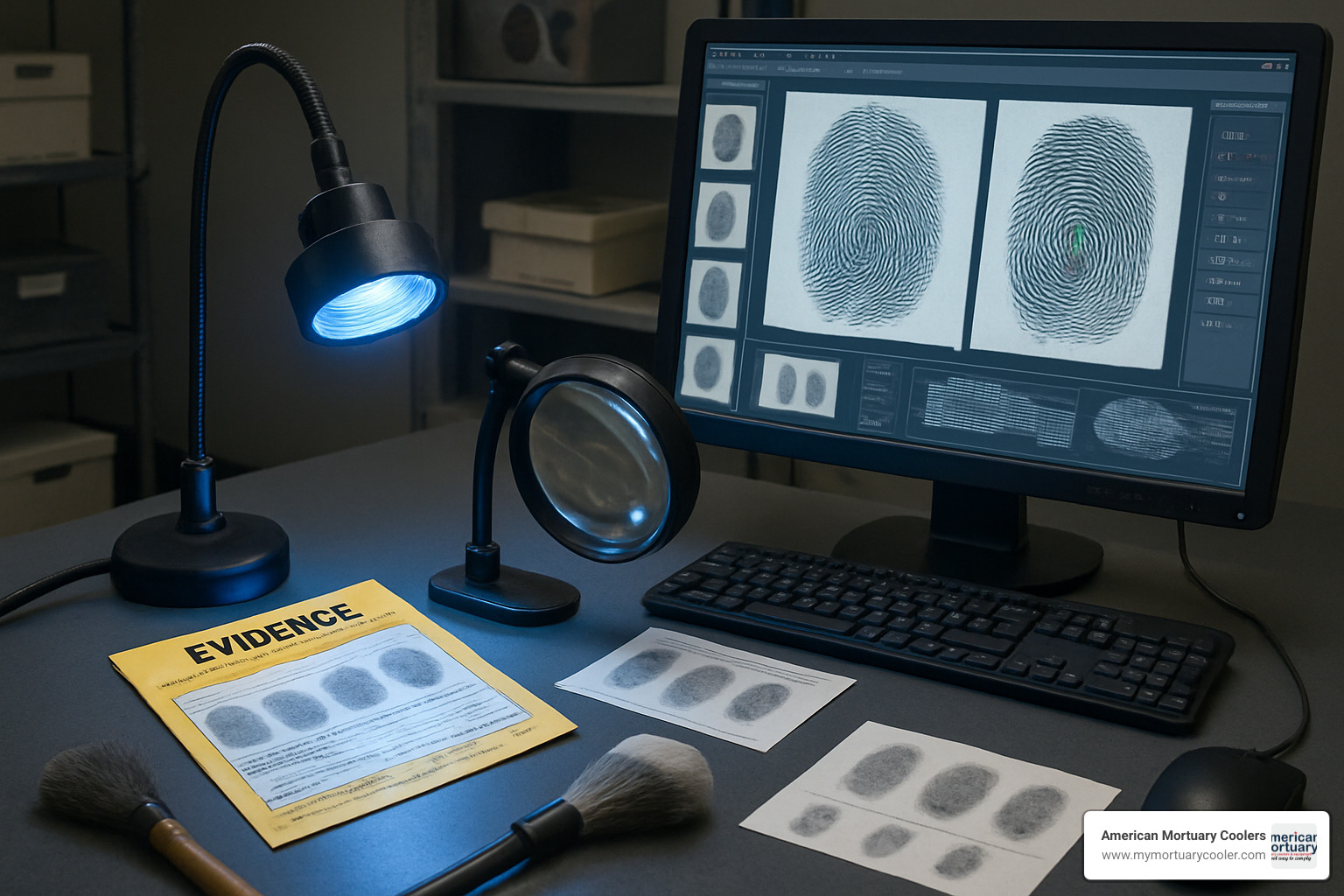 Fingerprint comparison workstation with specialized lighting and magnification equipment - forensic science jobs