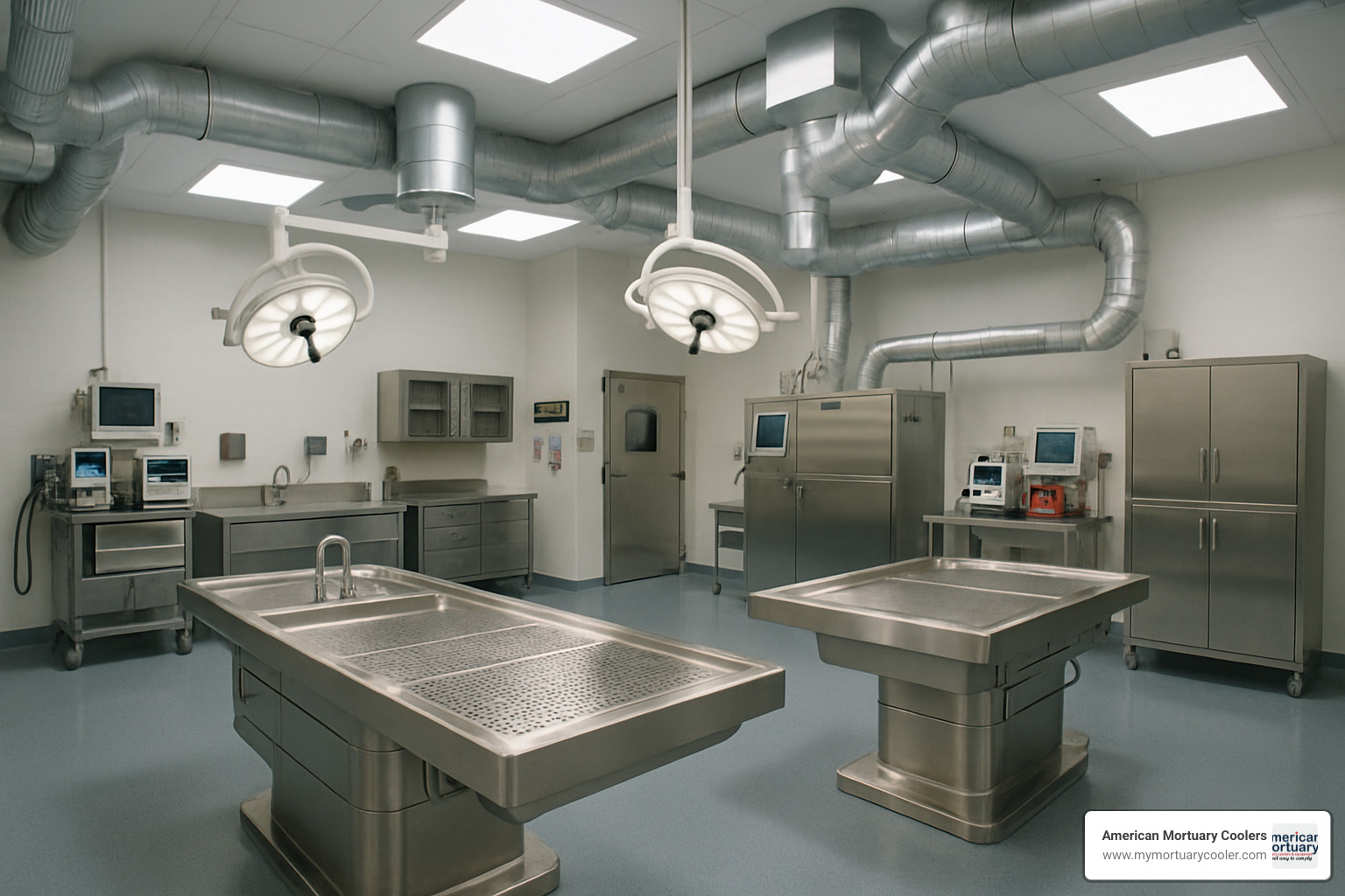 Modern autopsy suite with specialized equipment and ventilation systems - forensic science jobs
