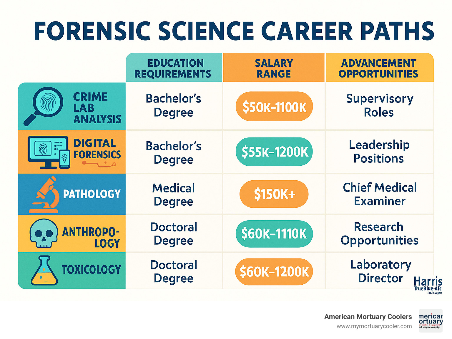 Forensic science career paths showing education requirements, salary ranges, and advancement opportunities for various forensic disciplines including crime lab analysis, digital forensics, pathology, anthropology, and toxicology - forensic science jobs infographic 