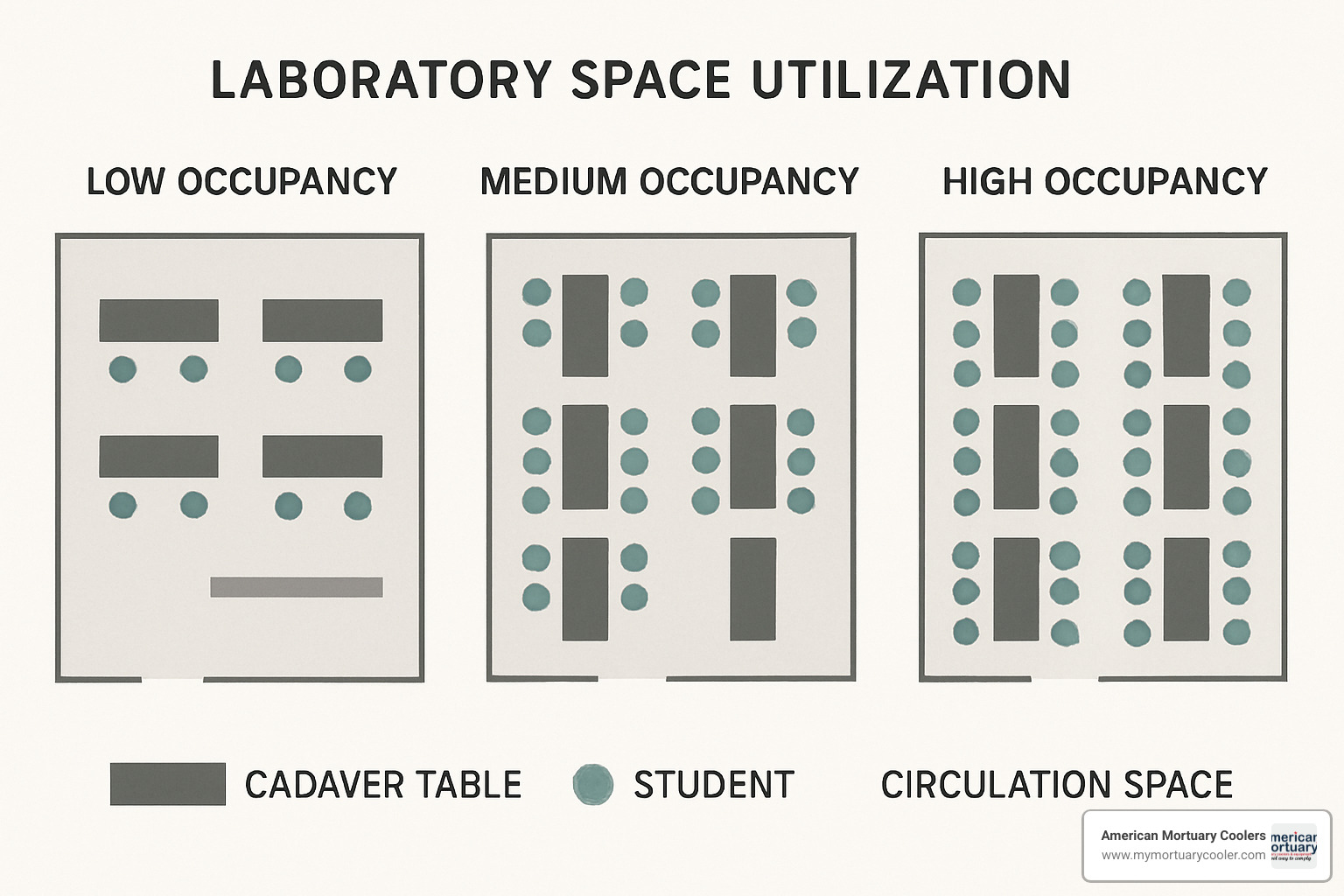 laboratory space utilization diagram showing different density layouts - anatomy lab occupancy rate