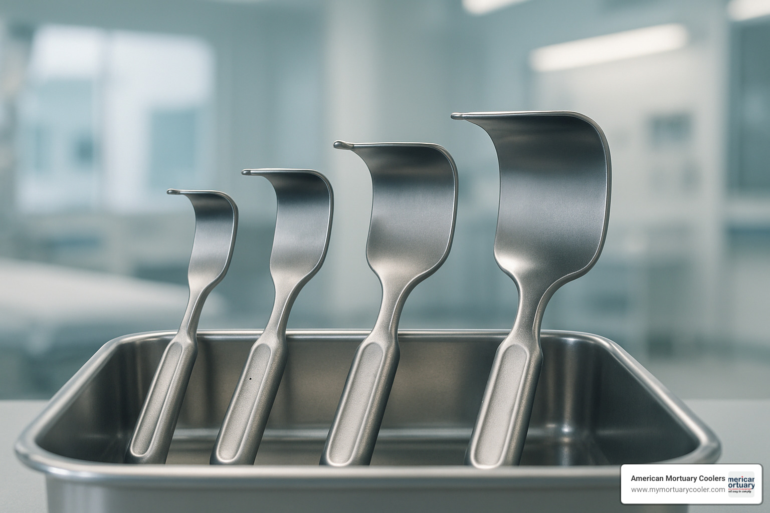 Different sizes of Richardson retractors laid out in surgical tray - richardson retractor
