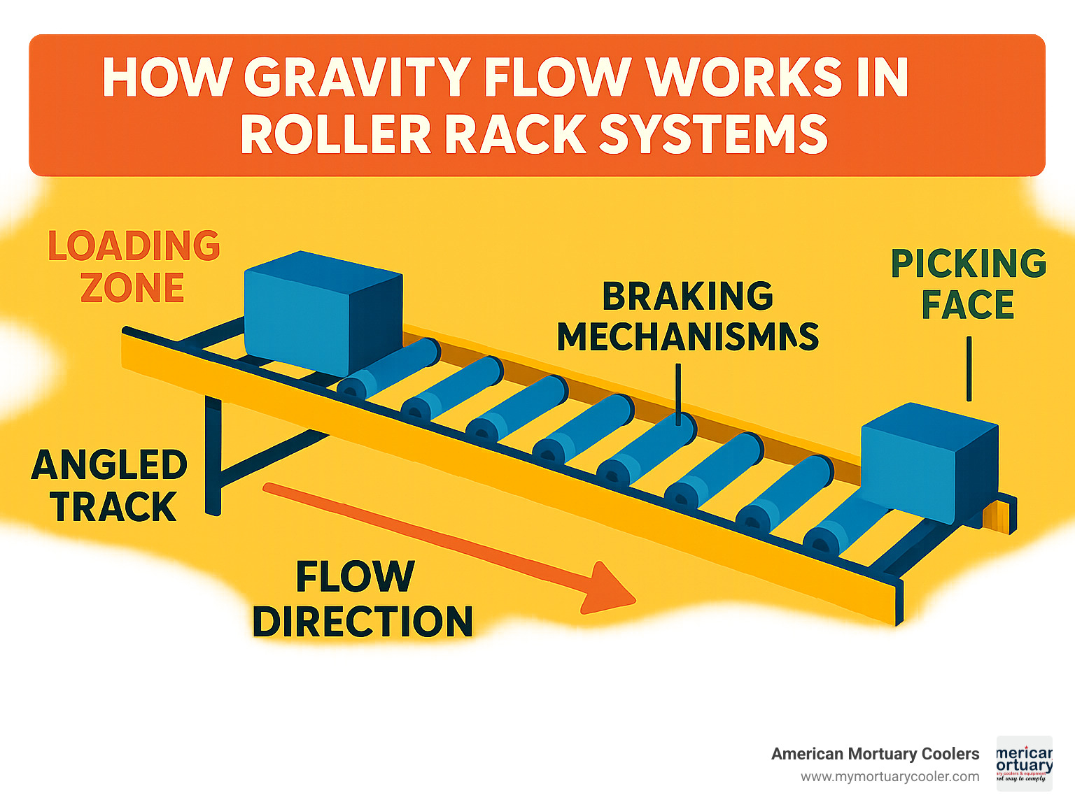 Diagram showing how gravity flow works in roller rack systems with labeled components including loading zone, angled track, rollers, flow direction, braking mechanisms, and picking face - roller rack infographic 