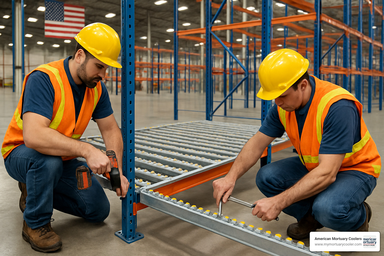 Technicians installing a roller rack system in a warehouse - roller rack