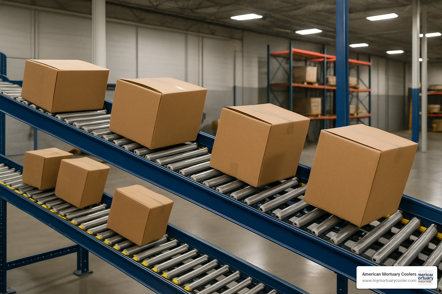 Gravity flow rack with boxes moving down inclined rollers - roller rack