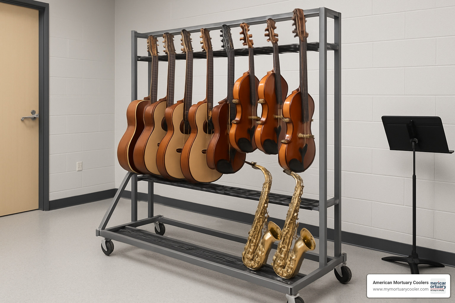 Musical instrument roller rack with multiple instruments stored vertically - roller rack
