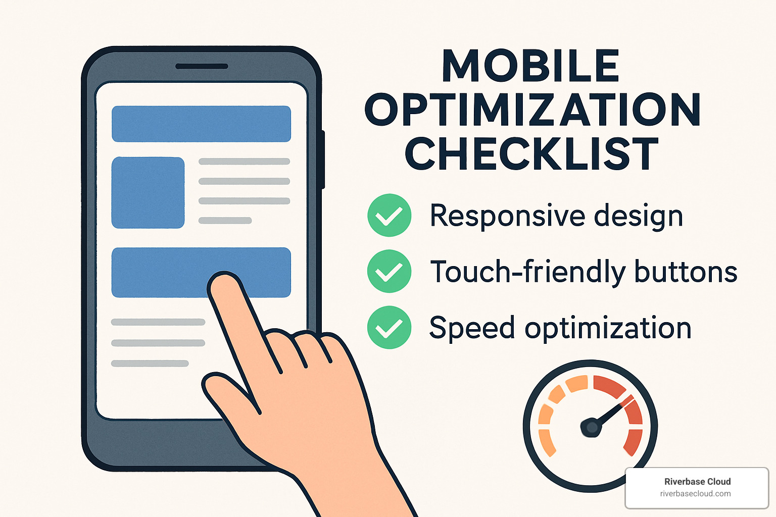 Mobile optimization checklist showing responsive design, touch-friendly elements, and speed optimization - increase website traffic