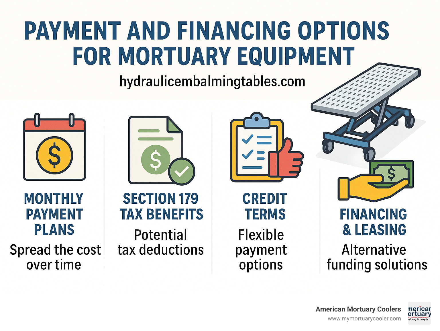 Payment and financing options for mortuary equipment - hydraulicembalmingtables.com infographic 