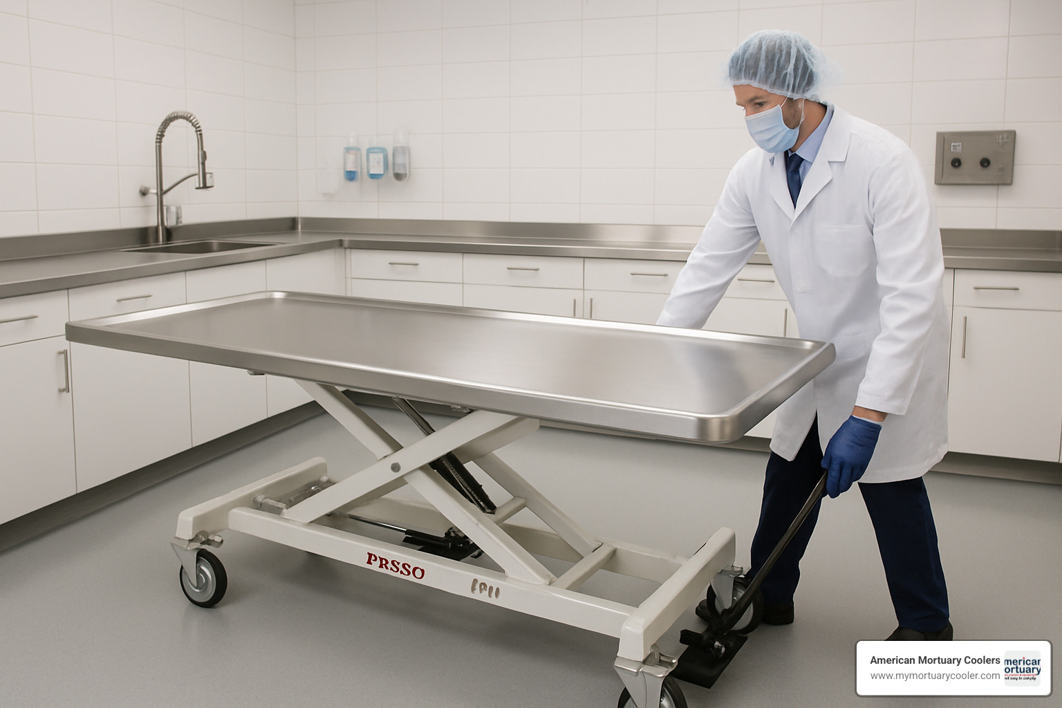 Ferno 101-H hydraulic embalming table in use - hydraulicembalmingtables.com