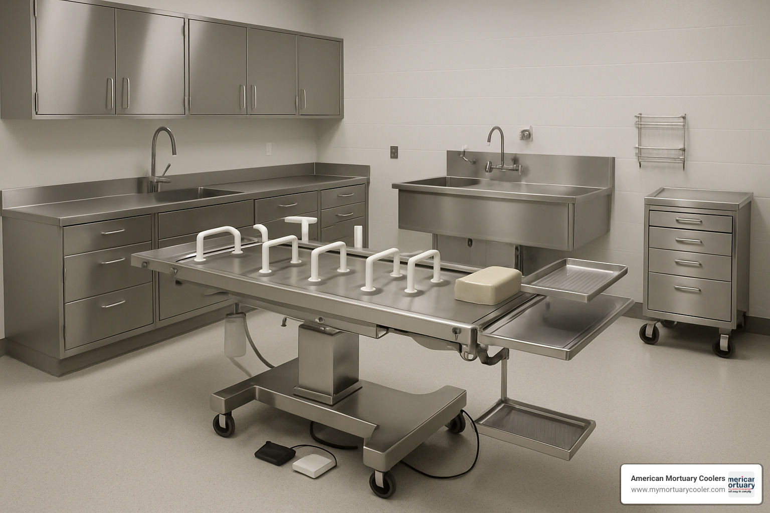 Fully equipped modern preparation room with hydraulic embalming table and accessories - hydraulicembalmingtables.com