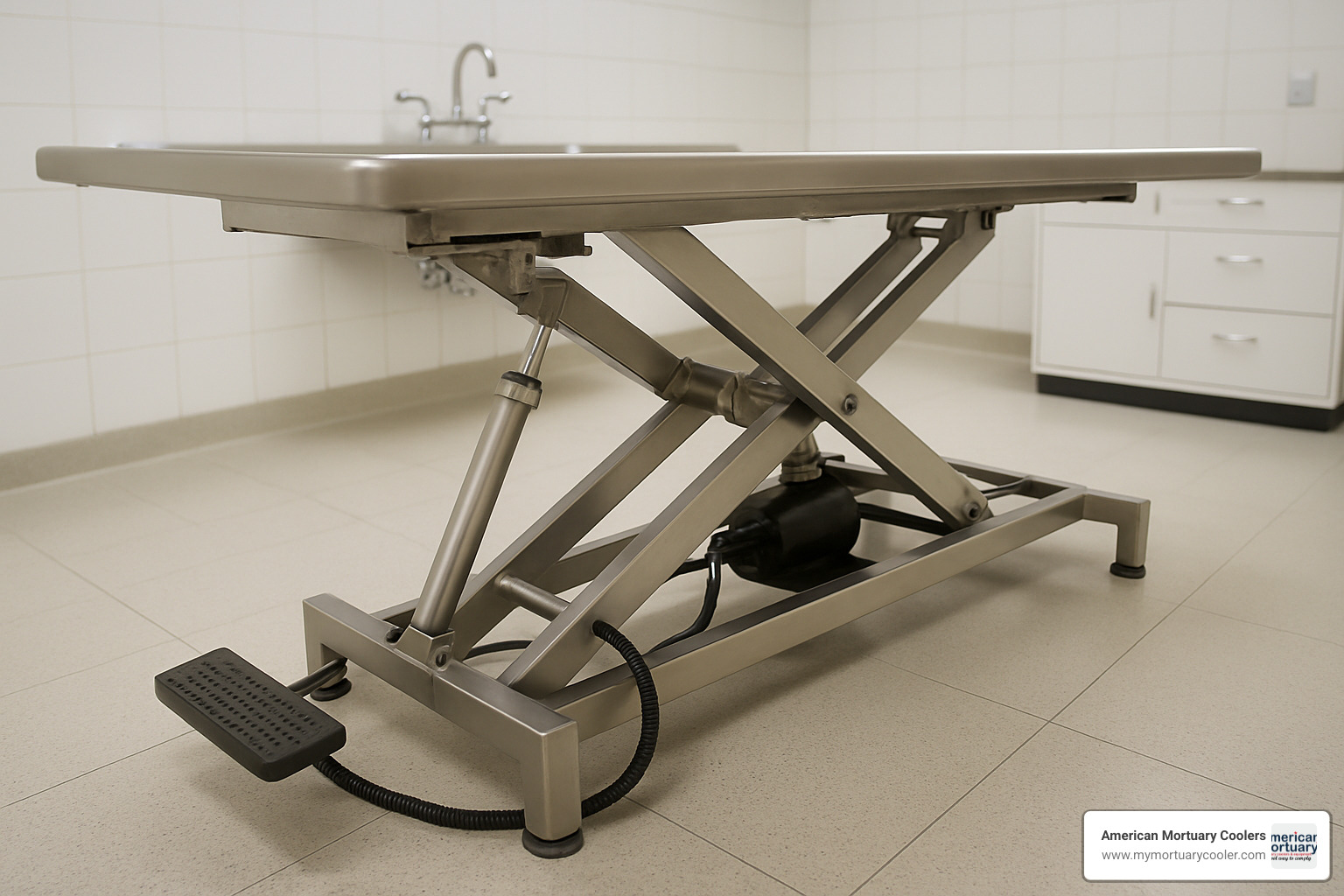 Hydraulic embalming table mechanism showing foot pedal and height adjustment - hydraulicembalmingtables.com