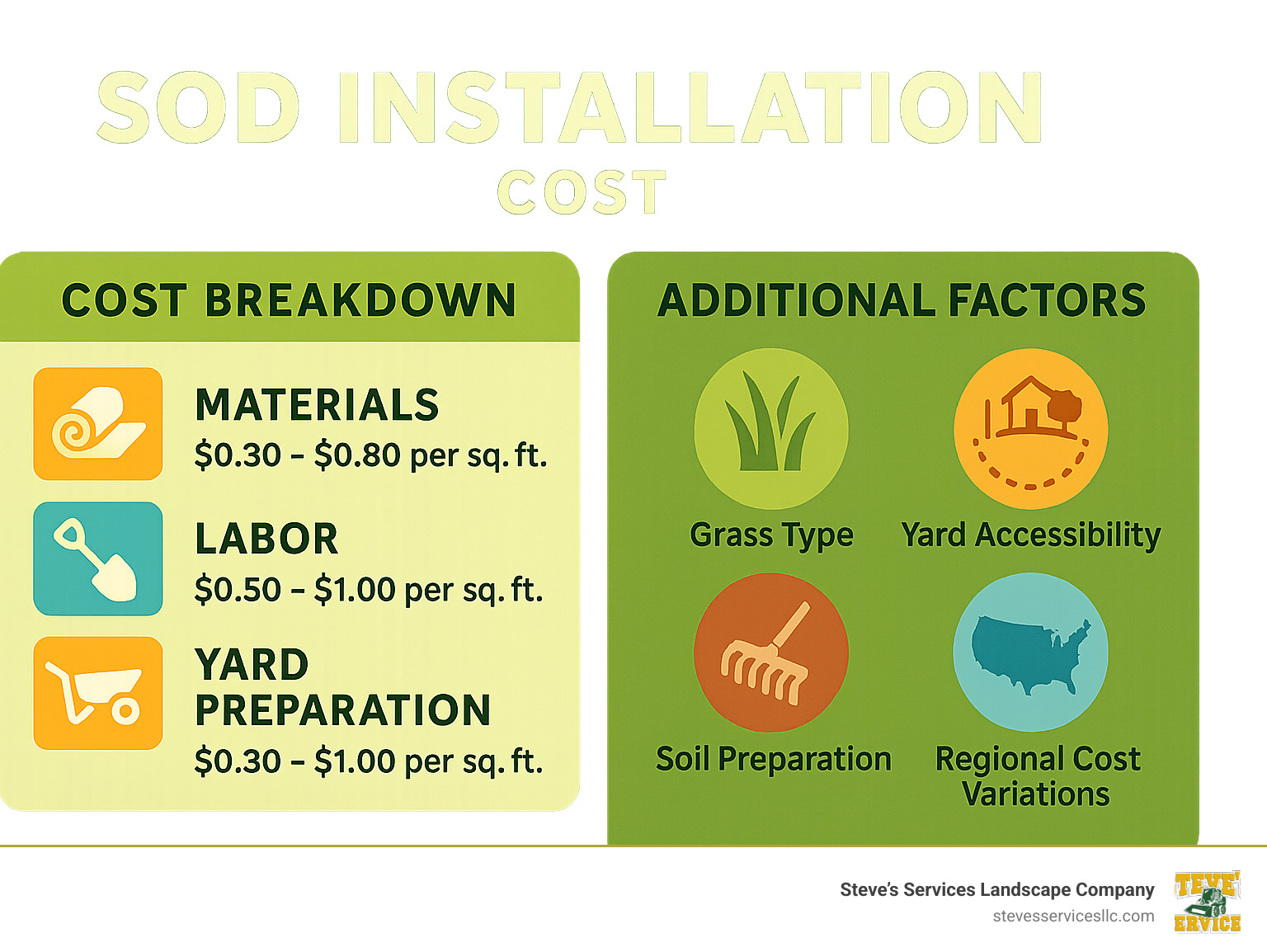 Detailed sod installation cost breakdown showing material costs, labor rates, yard preparation expenses, and additional factors that affect total pricing including grass type, yard accessibility, soil preparation, and regional cost variations - sod installation cost infographic 