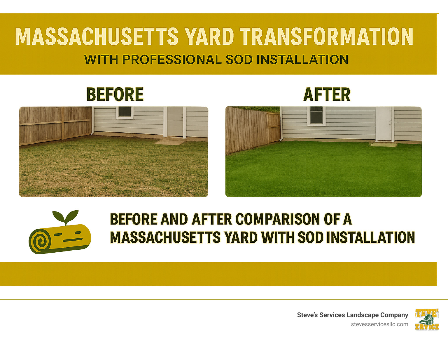Before and after comparison of a Massachusetts yard change with professional sod installation - sod installation cost infographic 