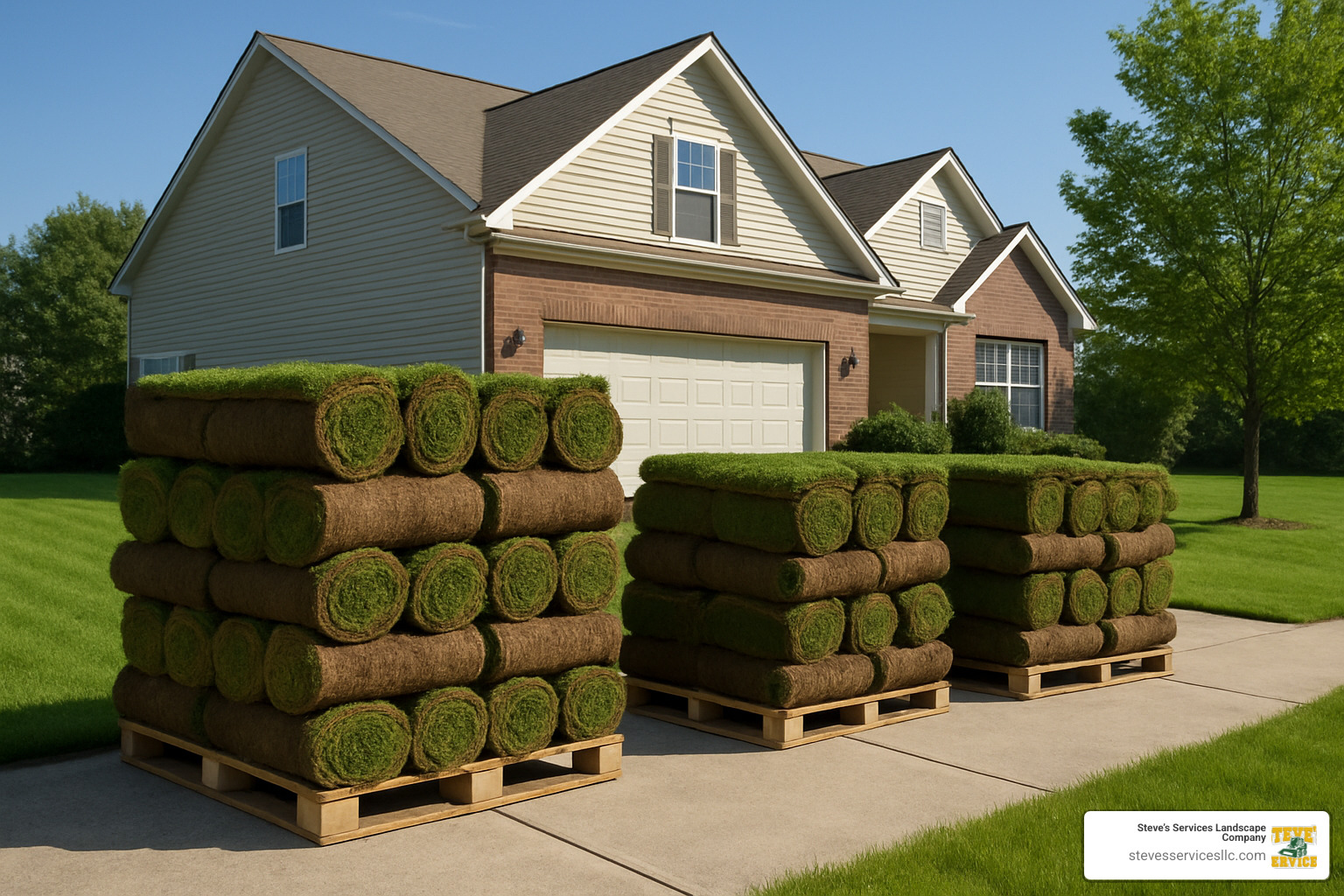 Pallets of fresh sod ready for installation on a residential property - sod installation cost