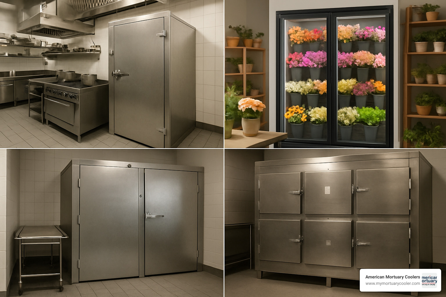 Various industries using walk-in coolers including restaurant, floral, and mortuary applications - www.usawalkincoolers.com