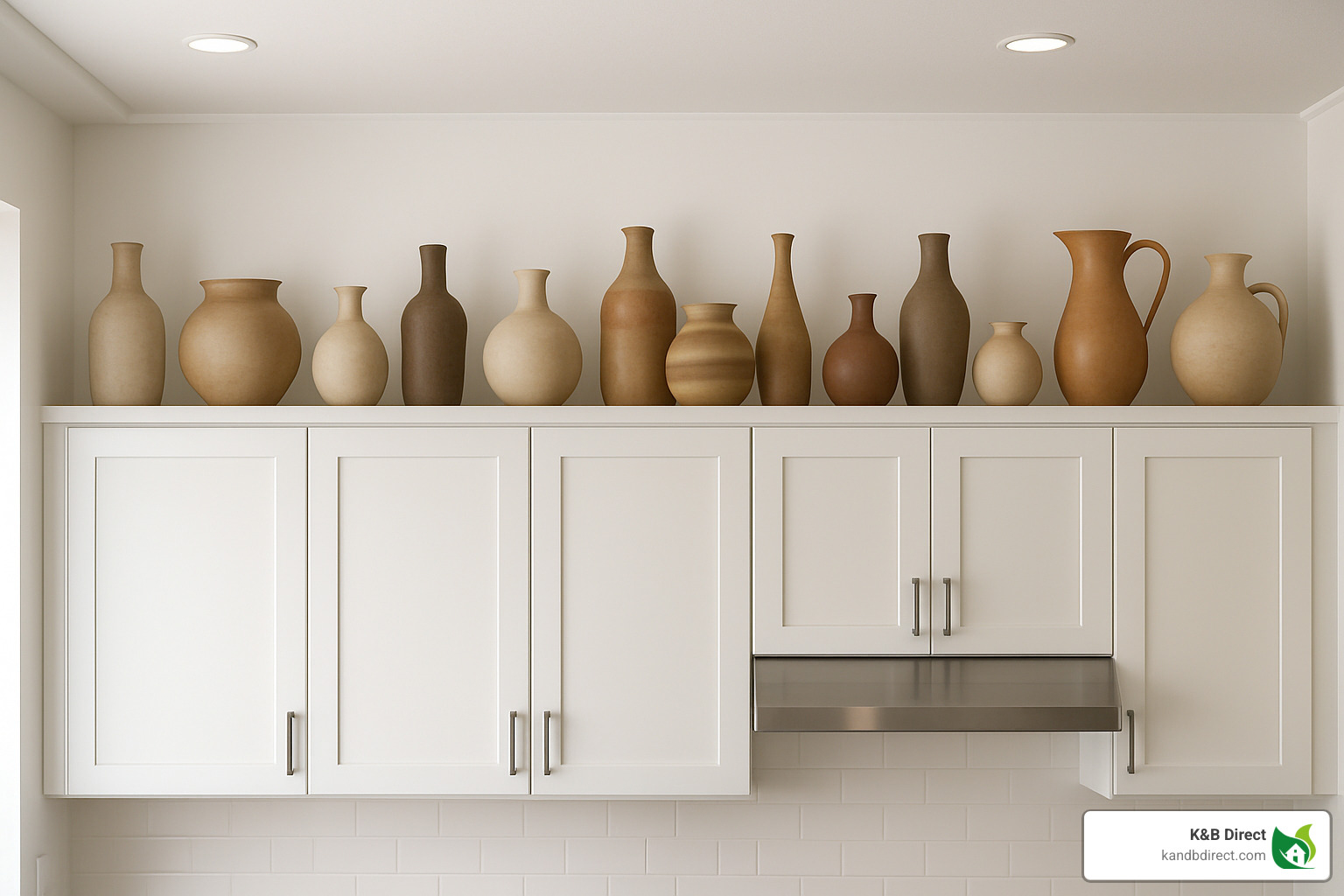collection of pottery displayed above cabinets - how to decorate above kitchen cabinets