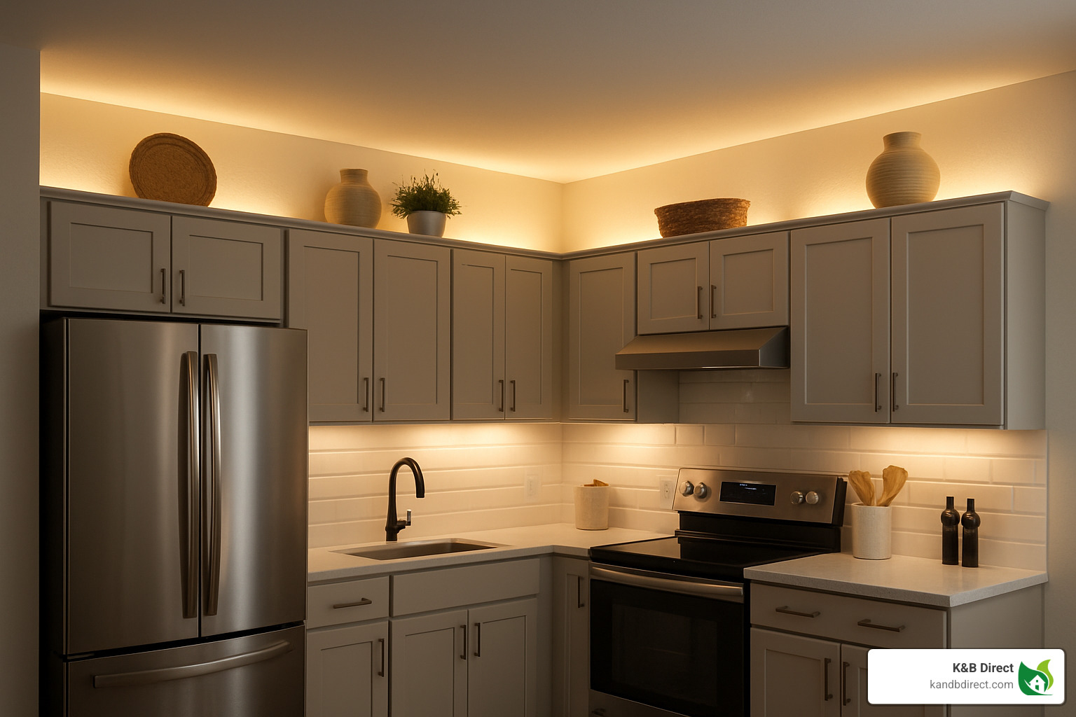 LED strip lighting above kitchen cabinets - how to decorate above kitchen cabinets