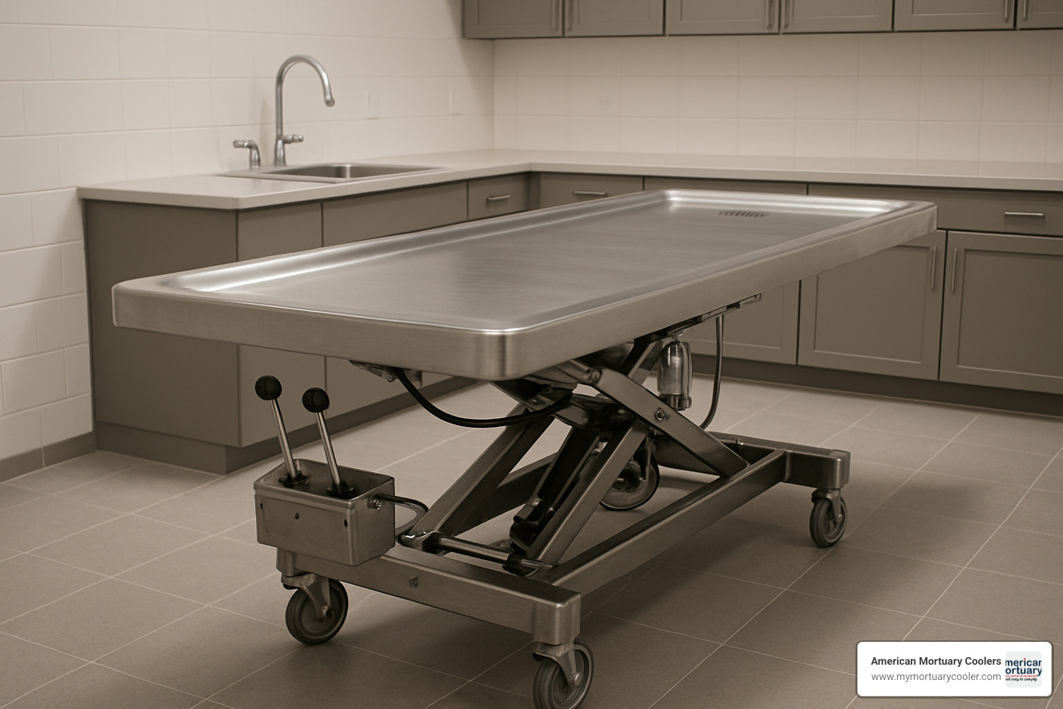 hydraulic embalming table with adjustable height controls - www.VischerFuneralSupplies.com