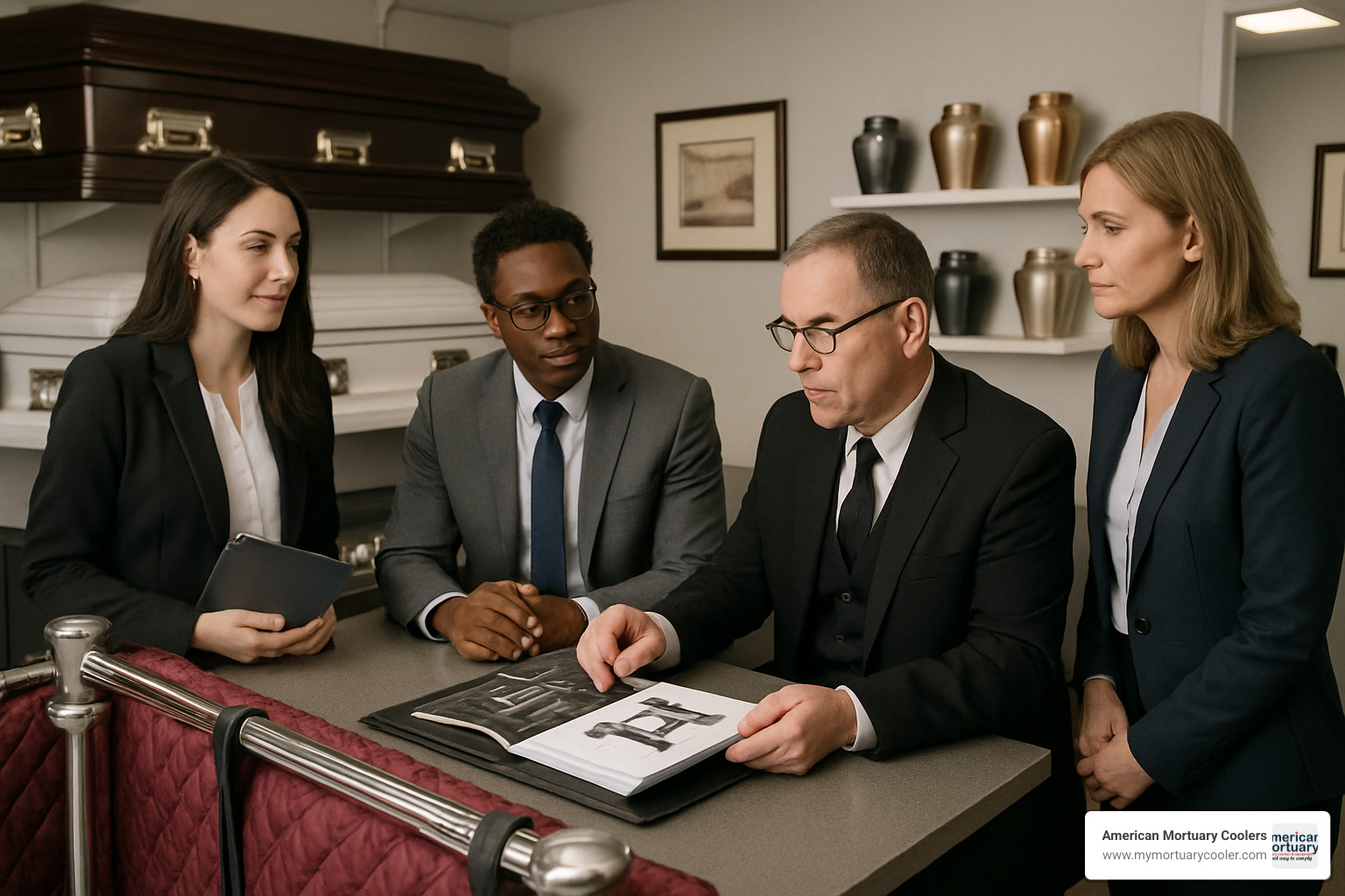 customer support team assisting funeral director with equipment selection - www.VischerFuneralSupplies.com
