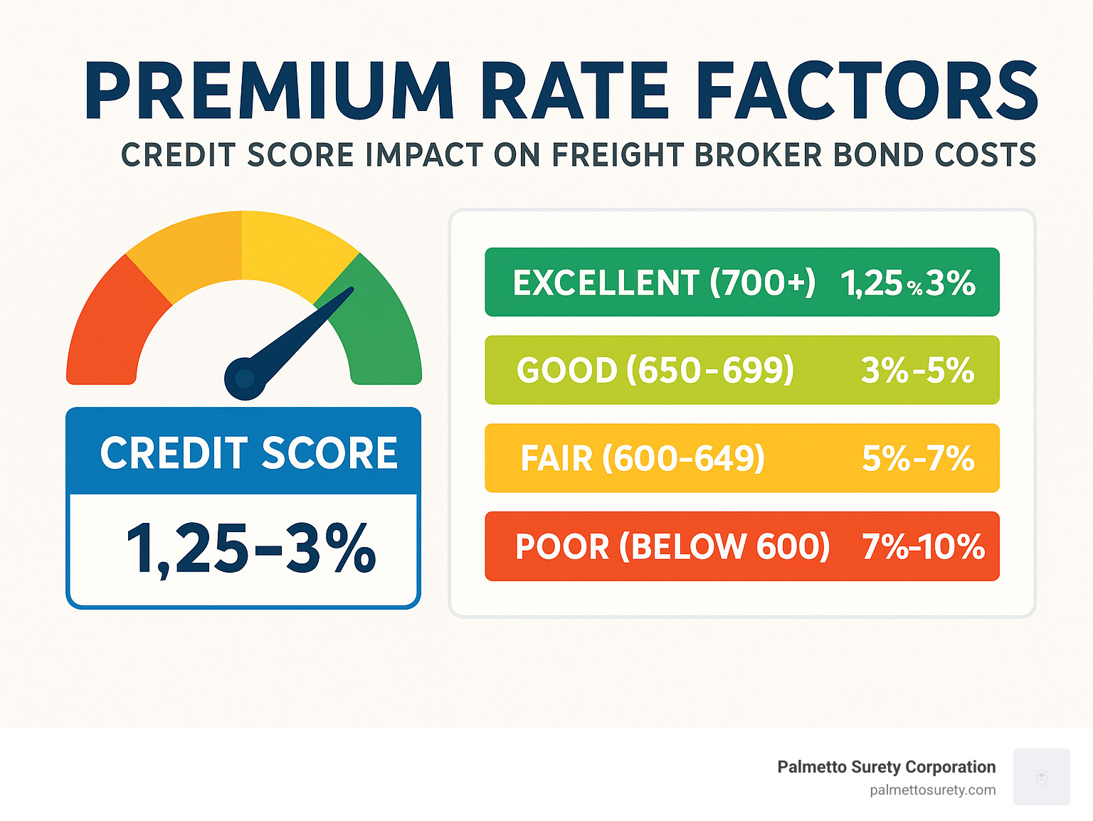 Everything you wanted to know about brokerage bond requirements (but were afraid to ask) 10 Premium rate factors showing credit score impact on freight broker bond costs - brokerage bond requirements infographic