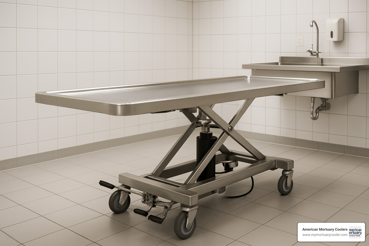 Hydraulic embalming table with adjustable height controls - www.embalmerssupplycompany.com