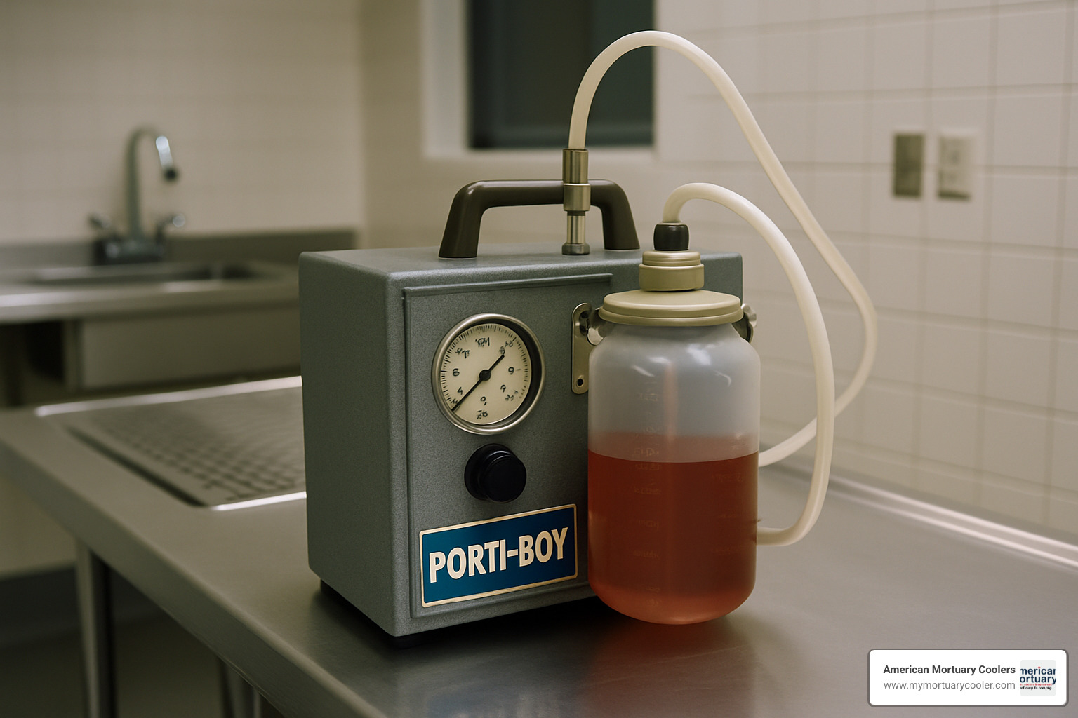 Porti-Boy embalming machine with pressure gauge and fluid container - www.embalmerssupplycompany.com