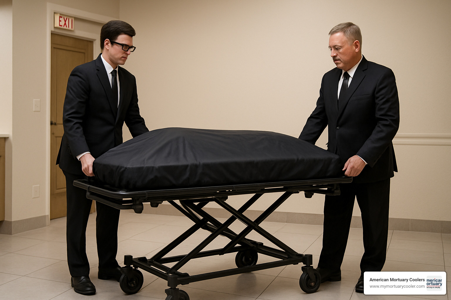 Bariatric mortuary cot being operated by funeral professionals