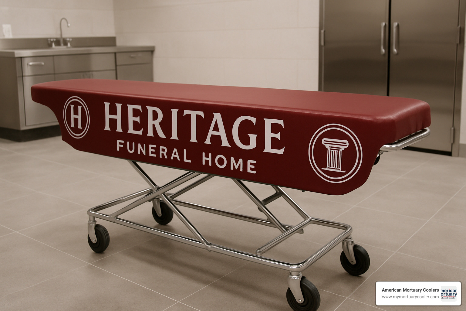 custom painted mortuary stretcher with facility branding - www.medical-stretcher.com