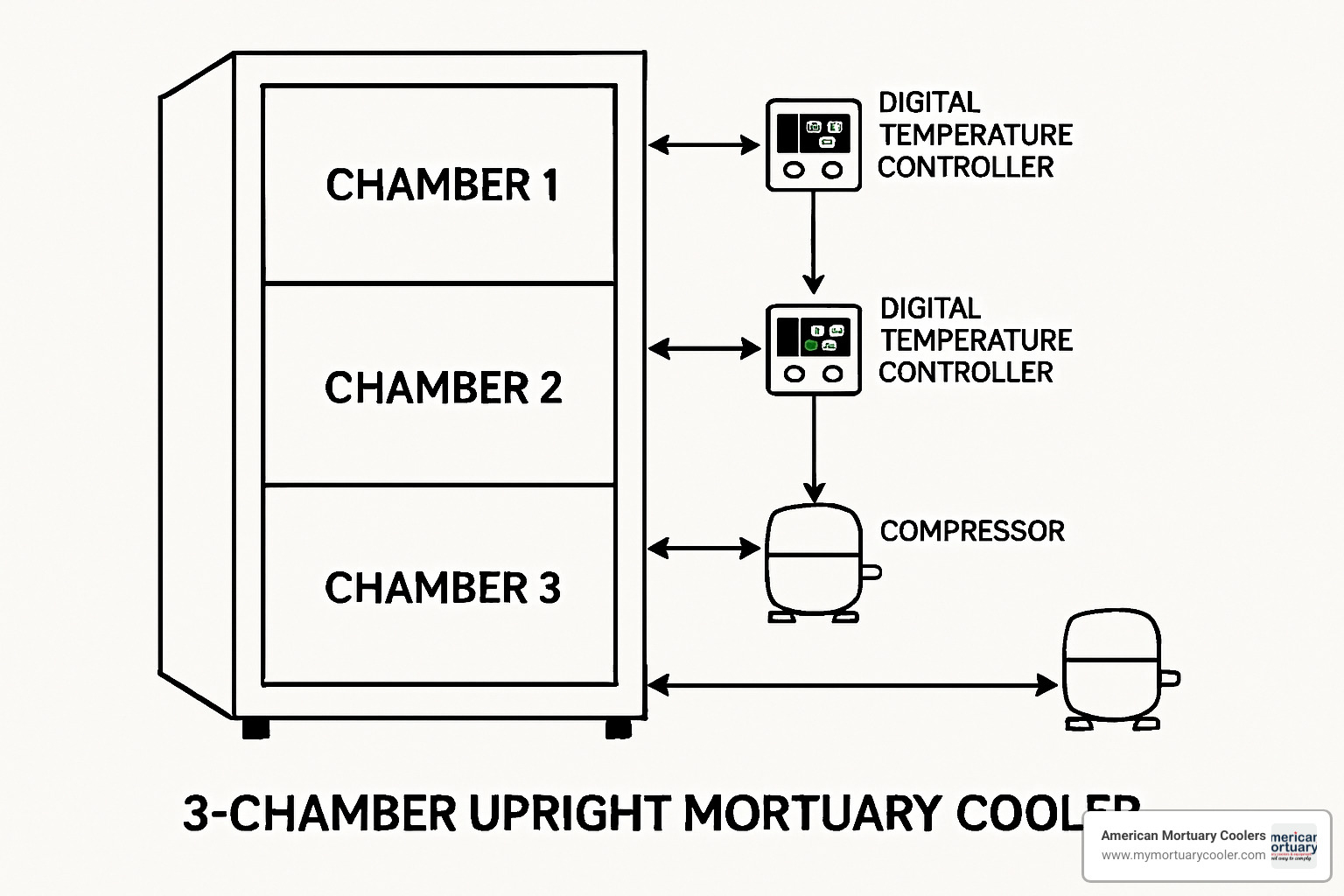 diagram of independent compressor system in mortuary cooler - www.3bodymortuarycooler.com