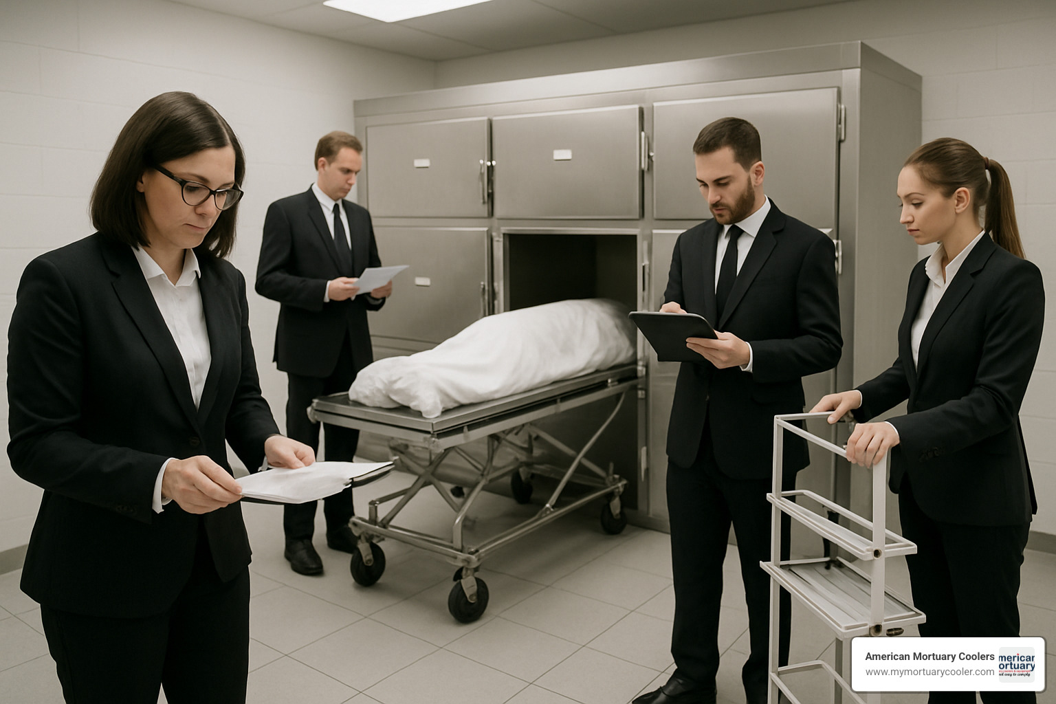 funeral home staff working efficiently with a 3 body mortuary cooler - www.3bodymortuarycooler.com