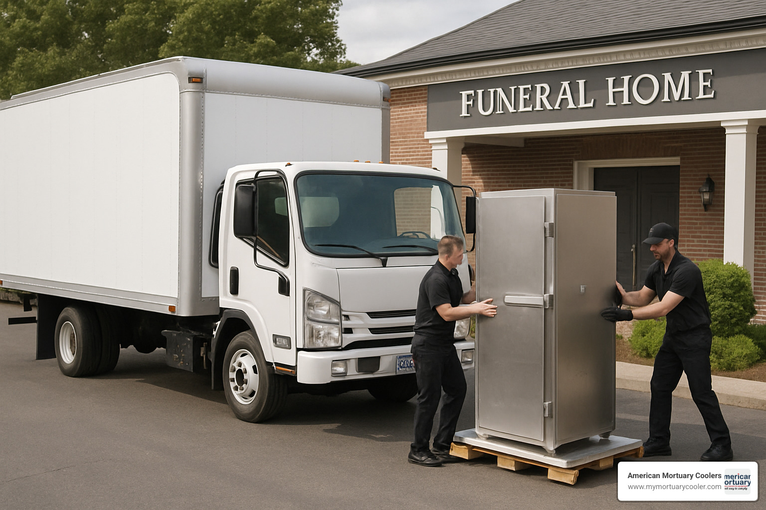Delivery truck with mortuary cooler - www.mobimortuarycooler.com