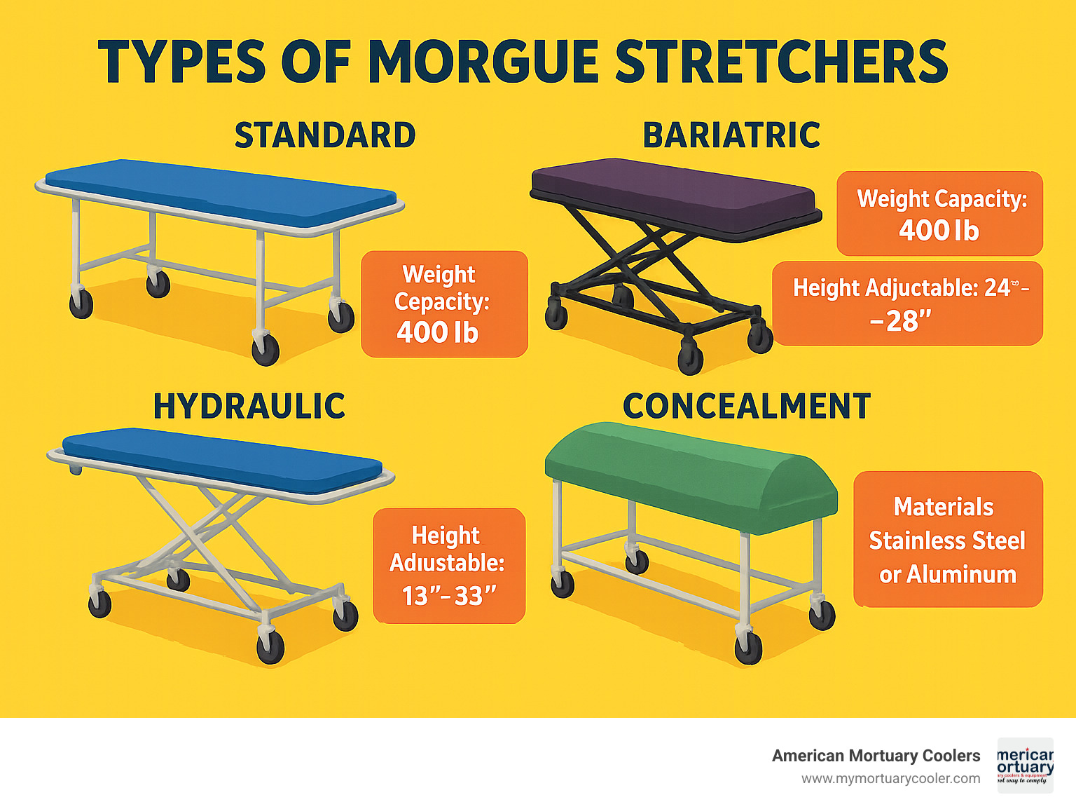 Detailed diagram showing different types of morgue stretchers with key features highlighted, including standard, bariatric, hydraulic, and concealment models with their weight capacities, height adjustability ranges, and material options - www.morguestretcher.com infographic  Detailed diagram showing different types of morgue stretchers with key features highlighted, including standard, bariatric, hydraulic, and concealment models with their weight capacities, height adjustability ranges, and material options - www.morguestretcher.com infographic