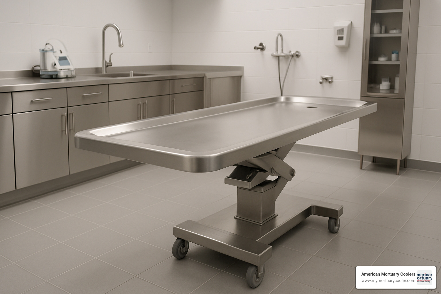Hydraulic embalming table with stainless steel construction - american funeral supply