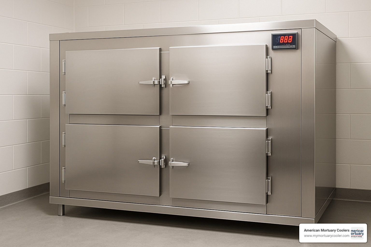Modern mortuary cooler with digital temperature controls - american funeral supply
