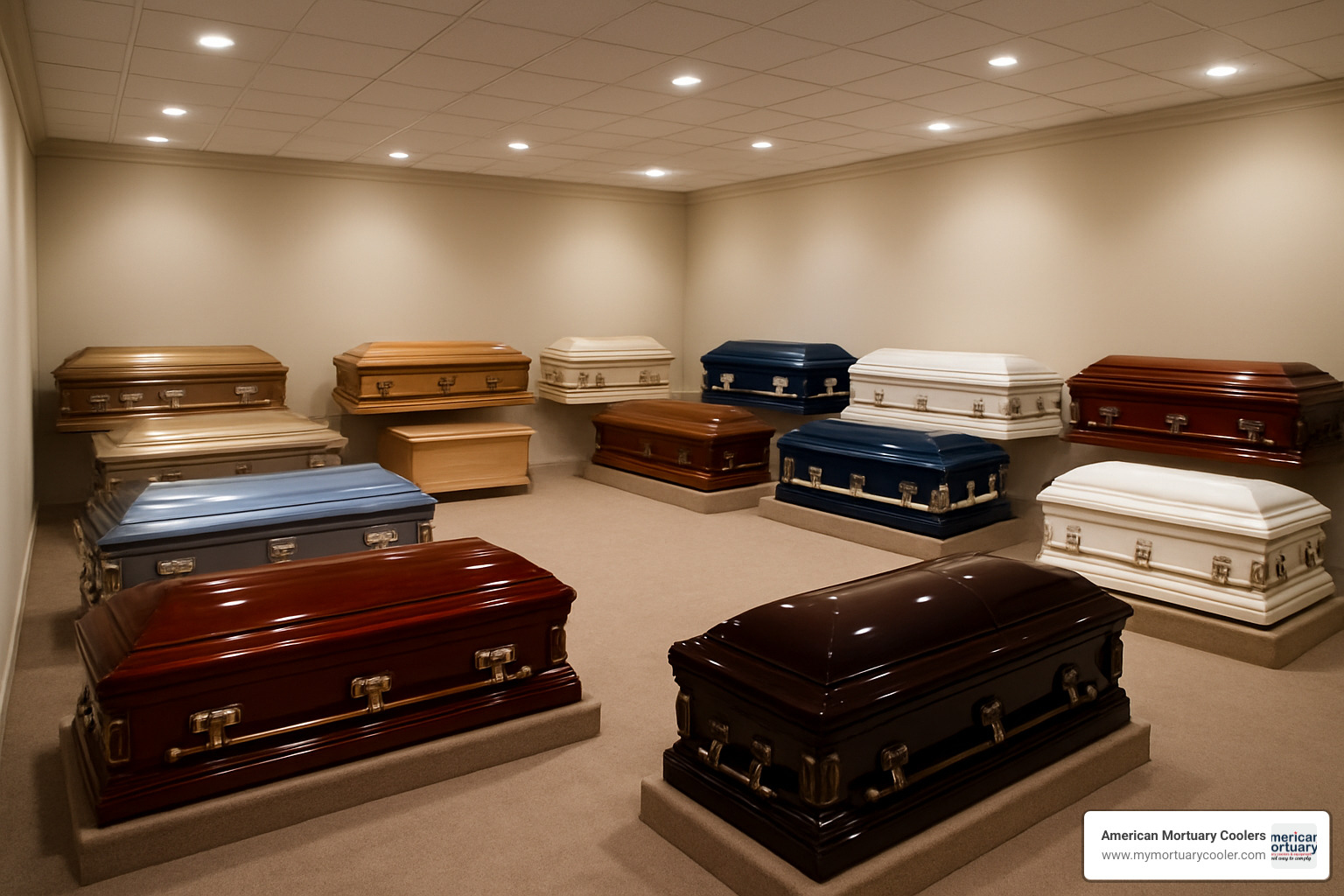 Casket showroom with various models on display - american funeral supply