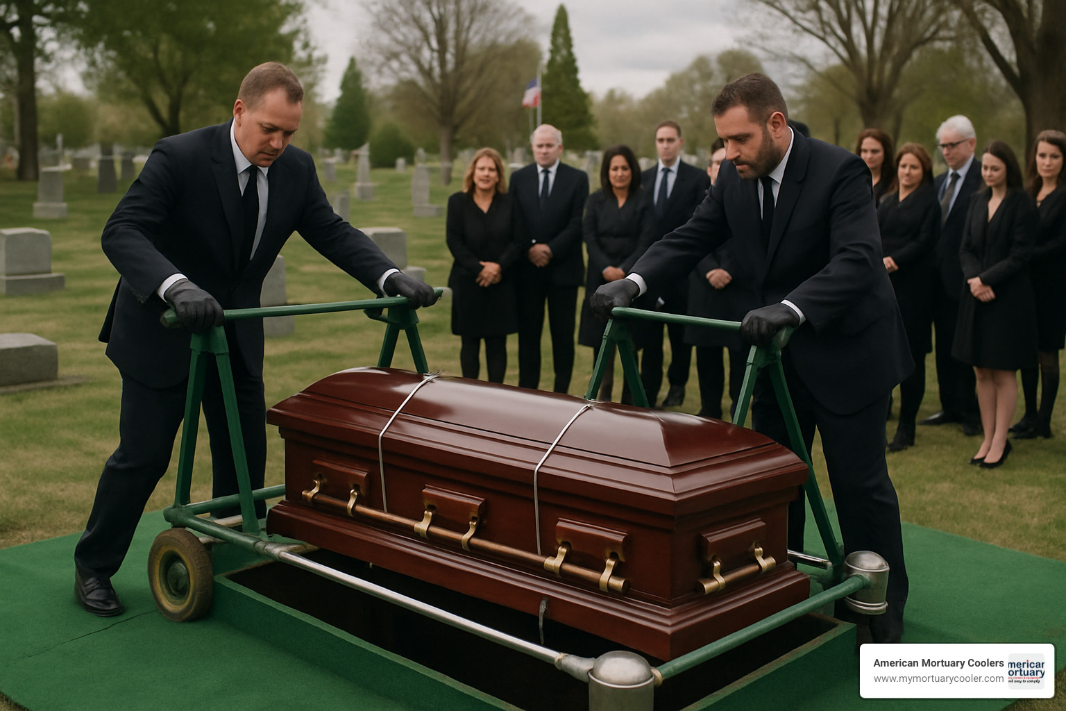Cemetery lowering device being used at a graveside service - american funeral supply