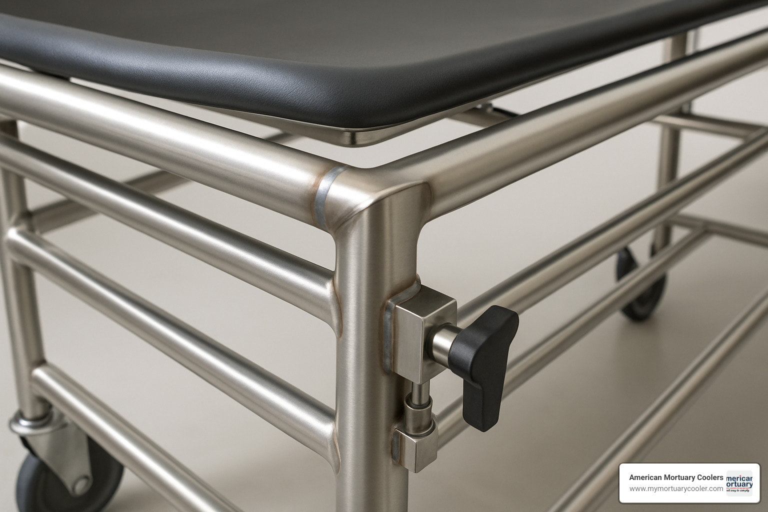 Close-up details of morgue stretcher construction showing welding quality, materials, and locking mechanisms - www.morguestretcher.com Close-up details of morgue stretcher construction showing welding quality, materials, and locking mechanisms - www.morguestretcher.com