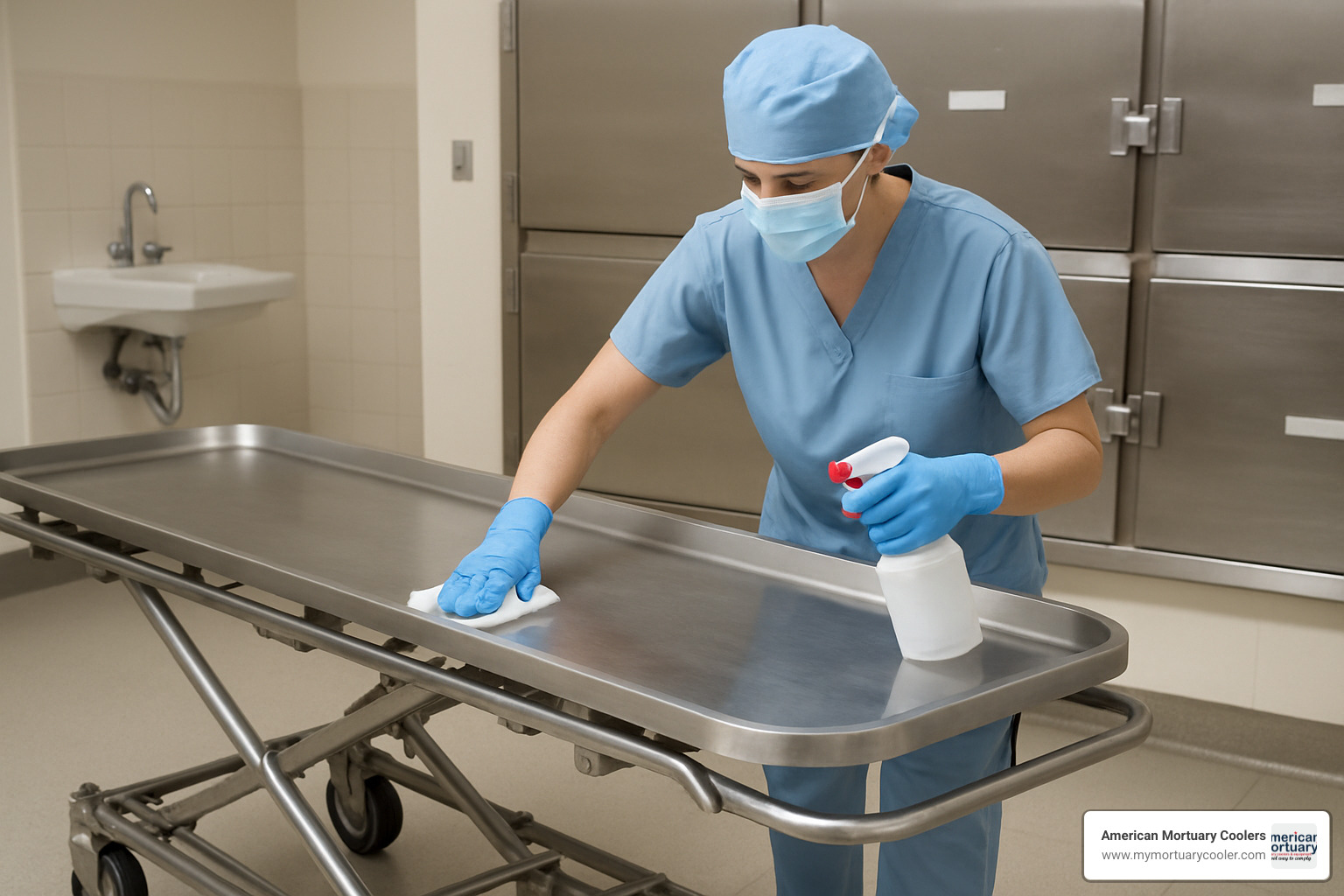 Staff member demonstrating proper cleaning and maintenance of a morgue stretcher - www.morguestretcher.com Staff member demonstrating proper cleaning and maintenance of a morgue stretcher - www.morguestretcher.com