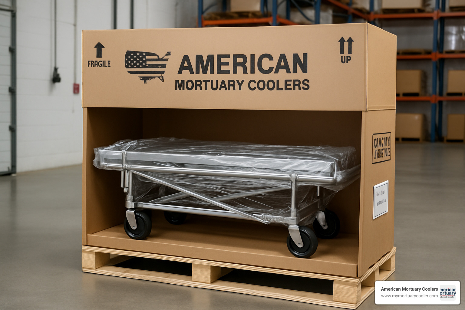 Packaging and shipping of a morgue stretcher with American Mortuary Coolers branding - www.morguestretcher.com Packaging and shipping of a morgue stretcher with American Mortuary Coolers branding - www.morguestretcher.com