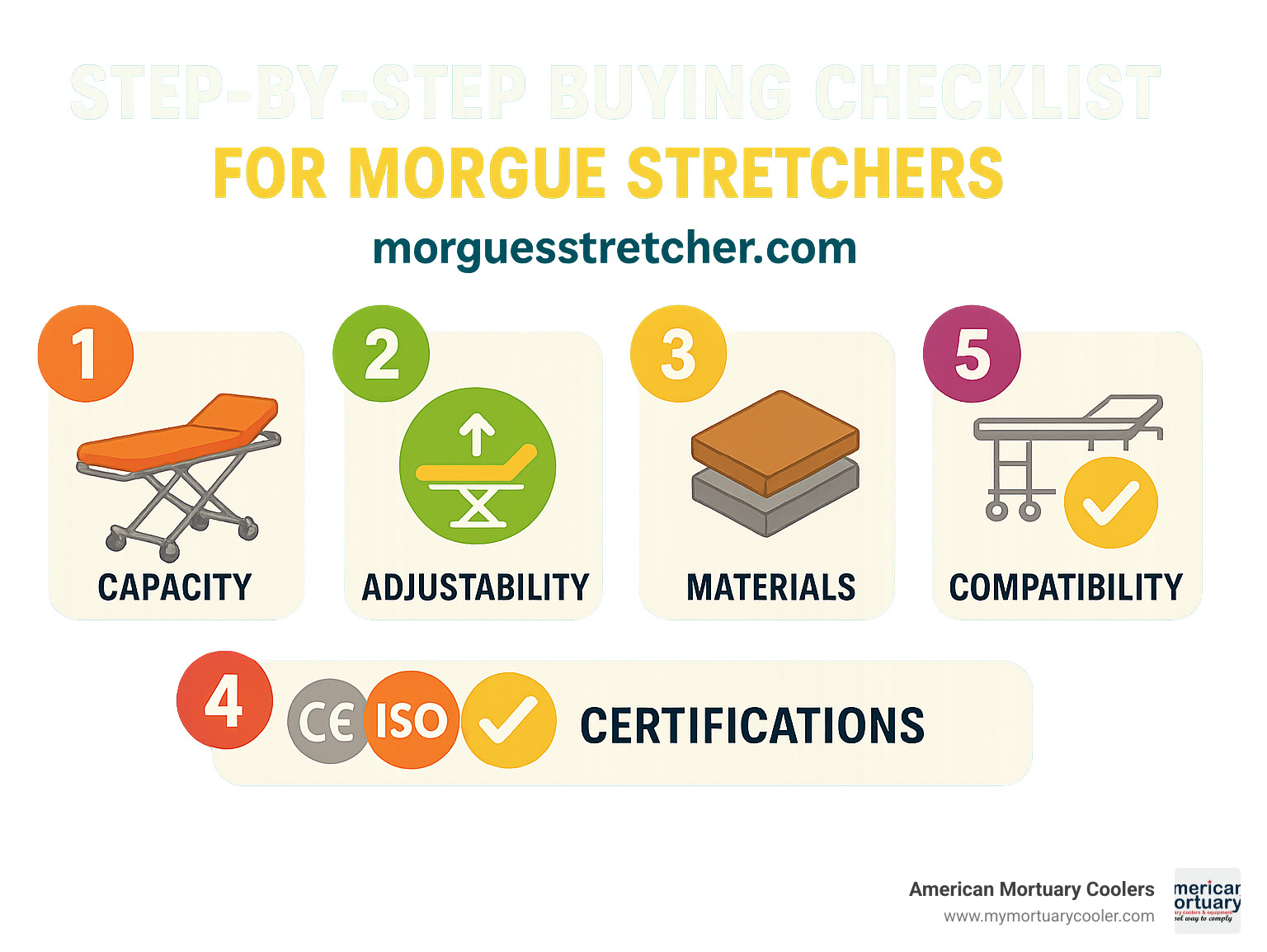 Step-by-step buying checklist for morgue stretchers showing key considerations for capacity, adjustability, materials, certifications, and compatibility with existing equipment - www.morguestretcher.com infographic  Step-by-step buying checklist for morgue stretchers showing key considerations for capacity, adjustability, materials, certifications, and compatibility with existing equipment - www.morguestretcher.com infographic