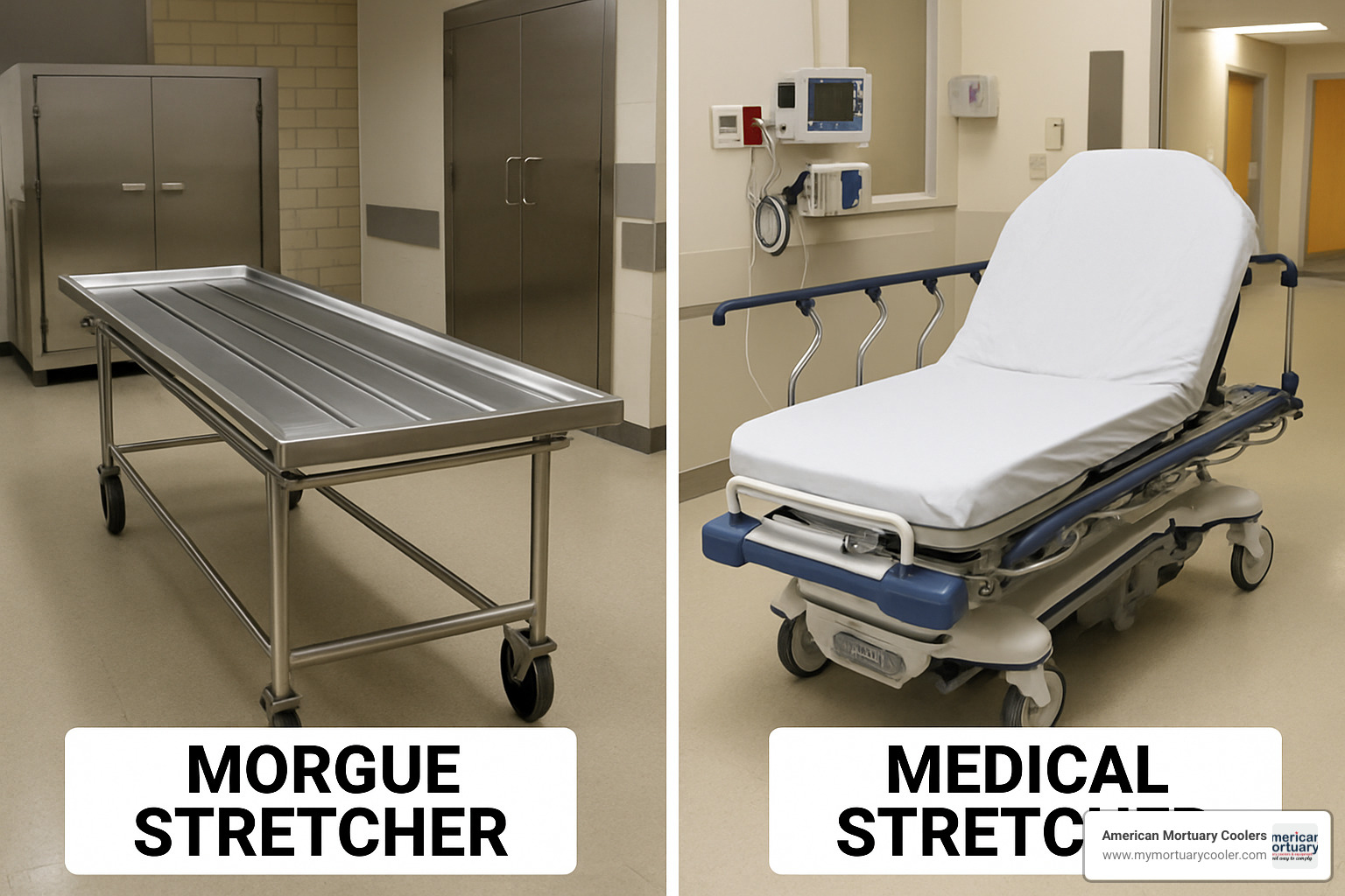 Comparison of morgue stretcher versus medical stretcher showing key design differences - www.morguestretcher.com Comparison of morgue stretcher versus medical stretcher showing key design differences - www.morguestretcher.com