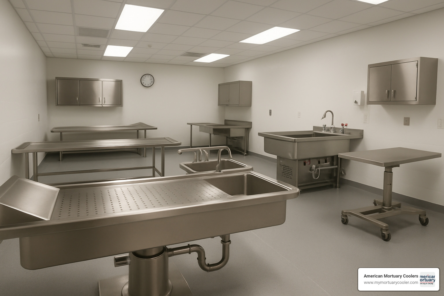 Modern mortuary preparation room with various table types - www.mortuarytable.com