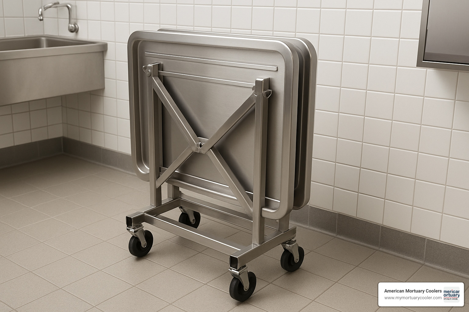 Folding mortuary table in compact storage position - www.mortuarytable.com
