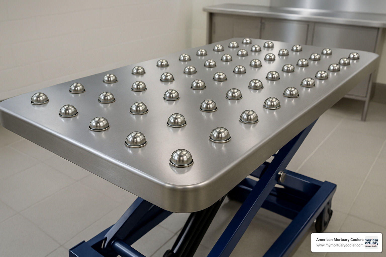 Close-up of mortuary scissor lift with 48 ball rollers - mortuary scissor lift photos