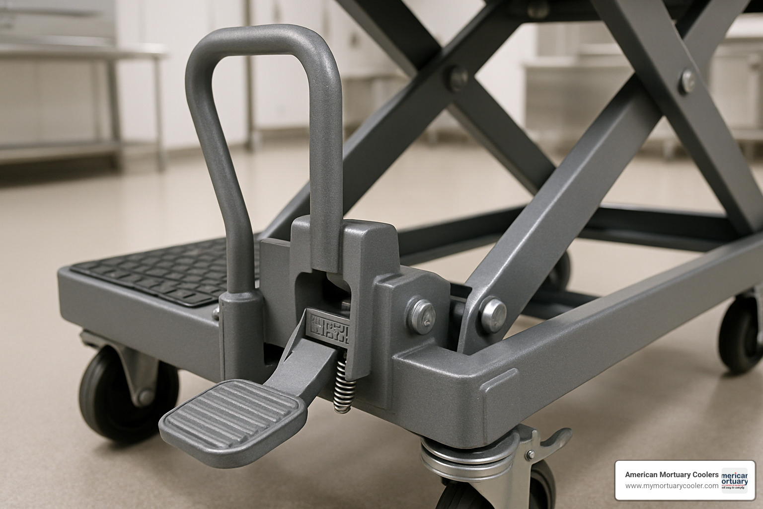 Close-up of foot brake and safety features on mortuary scissor lift - mortuary scissor lift photos