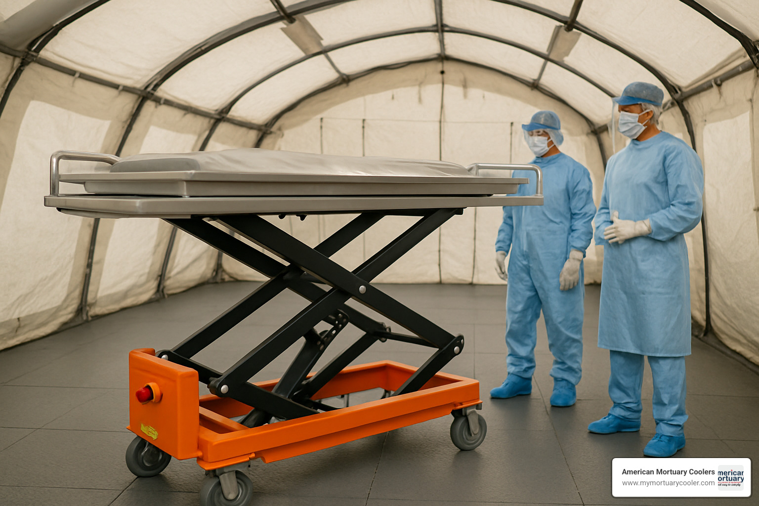 Mortuary scissor lift in mobile tent morgue setting - mortuary scissor lift photos